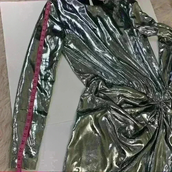 Saint Laurent Womens Silver Draped Waist Faux Wrap Metallic Silk Dress FR 40 - Picture 11 of 16